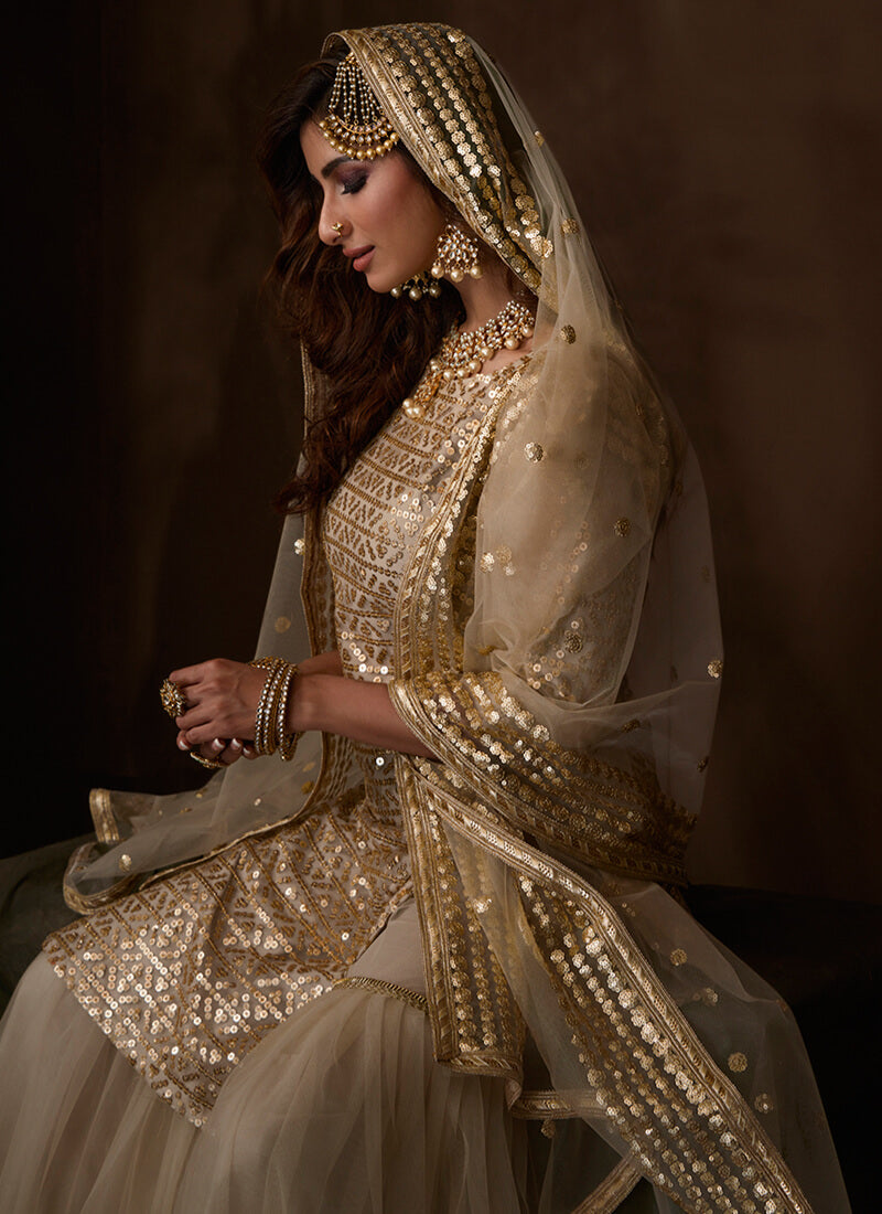 Light Beige and Gold Sequins Gharara Suit