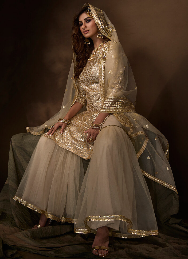 Light Beige and Gold Sequins Gharara Suit