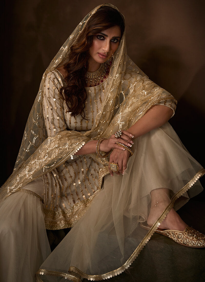 Cream and Gold Sequins Gharara Suit