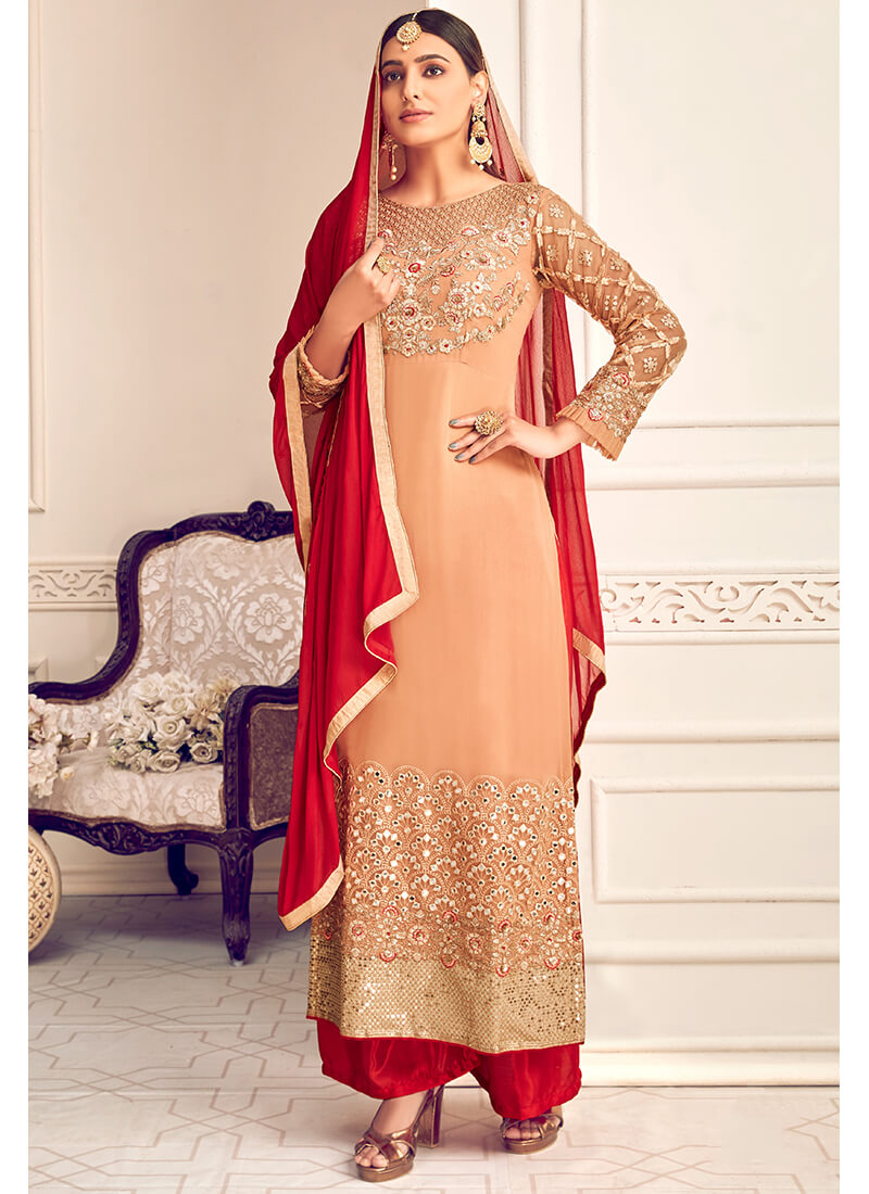 Light Peach and Red Embroidered Palazzo Suit