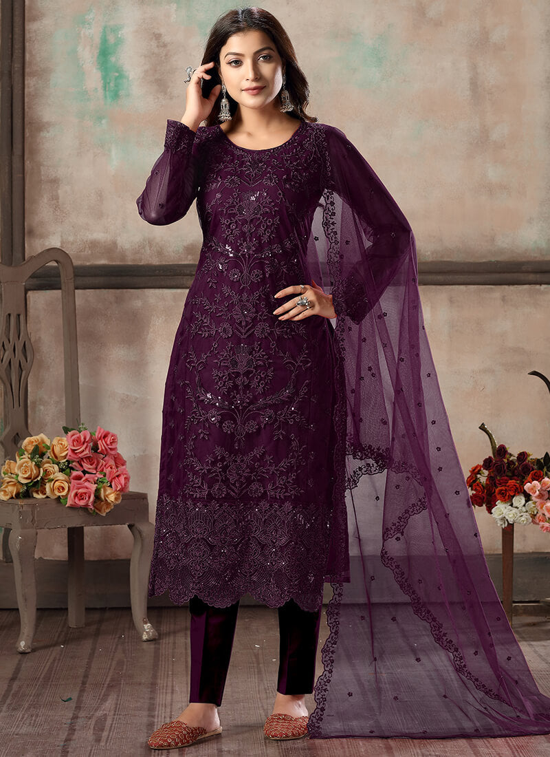 Purple Thread Embroidered Net Straight Suit