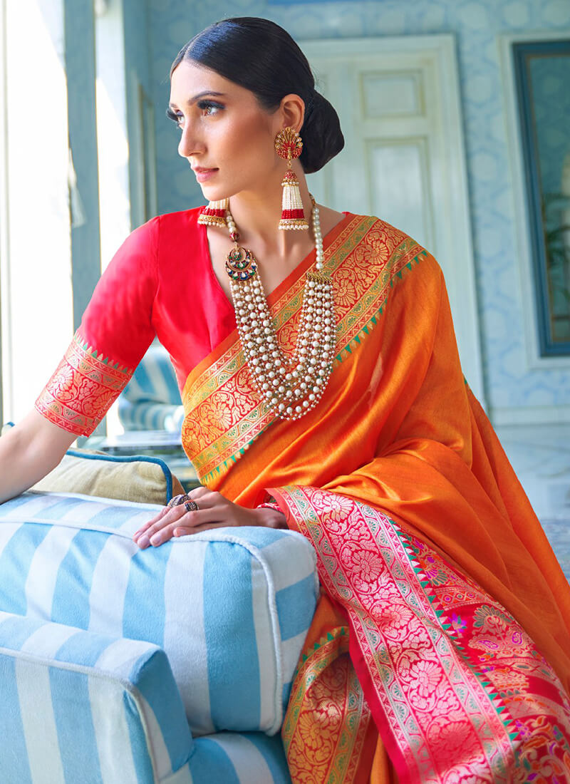 Orange Embroidered Tussar Silk Saree