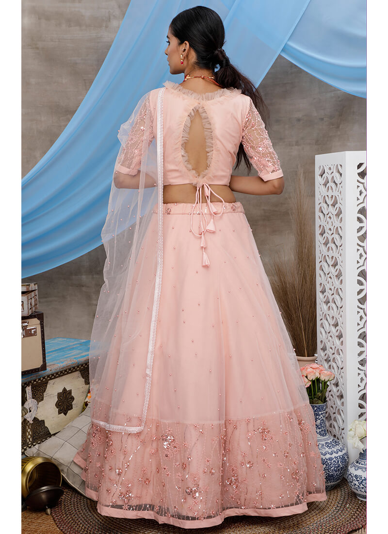 Light Pink Sequins Embroidered Net Lehenga