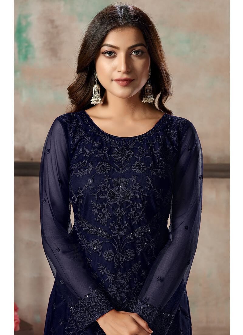 Navy Blue Thread Embroidered Net Straight Suit
