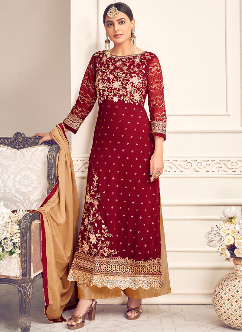 Red and Gold Embroidered Palazzo Suit