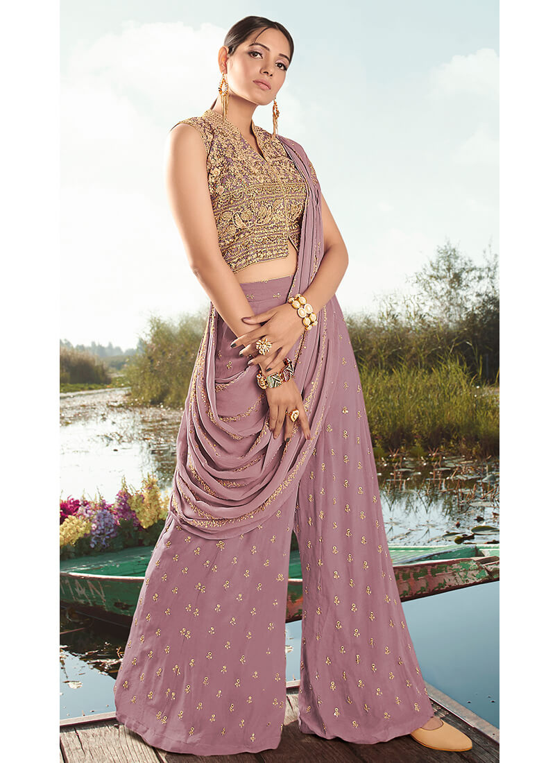 Dusty Lilac Embroidered Georgette Palazzo Suit