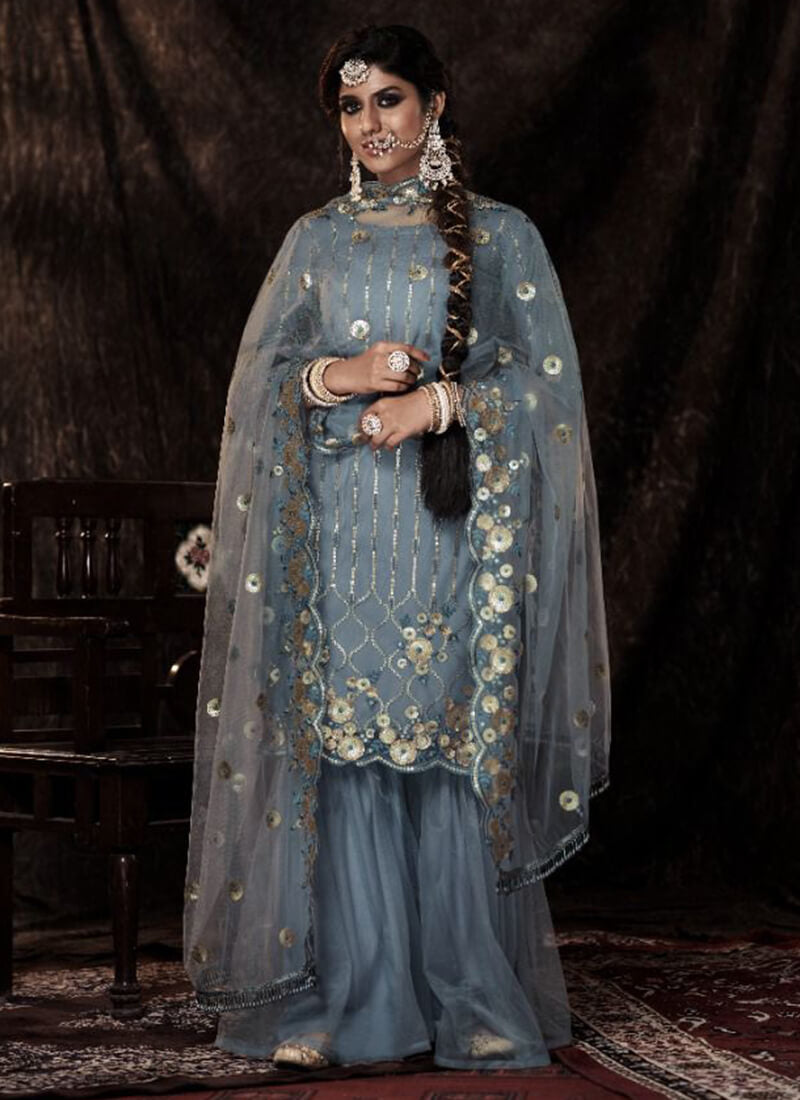 Dusty Blue Embroidered Sequins Sharara