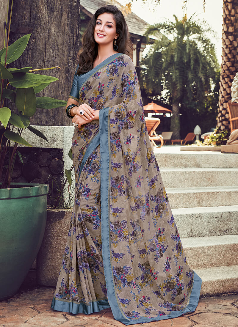 Grey and Dusty Blue Floral Georgette Saree