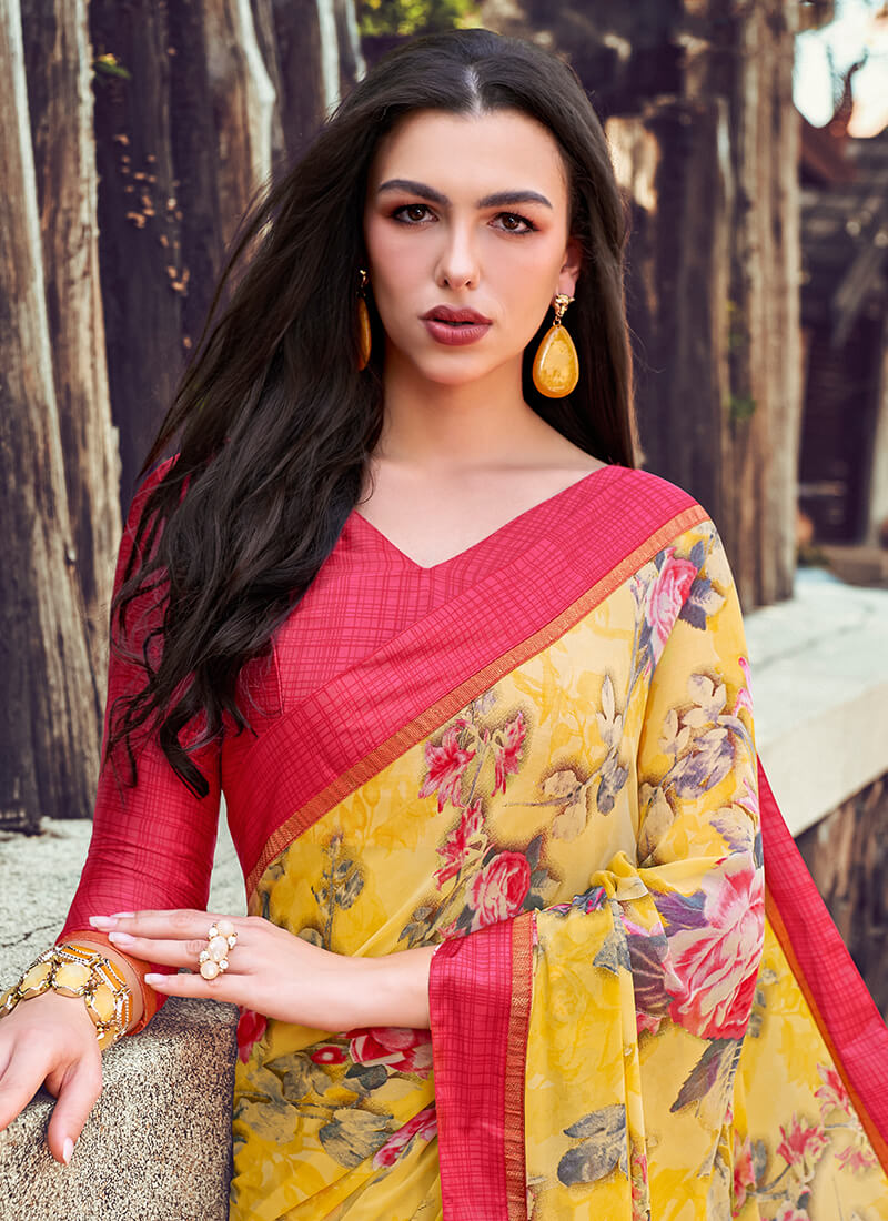 Yellow and Hot Pink Printed Georgette Saree