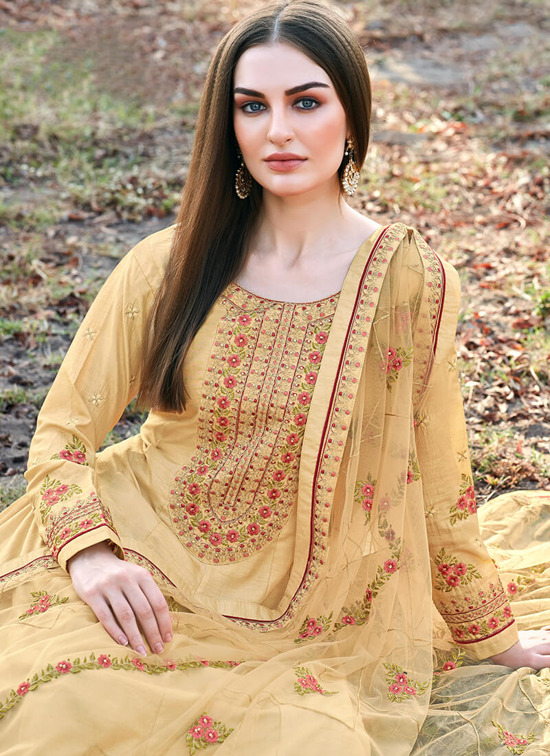 Golden Yellow Thread Embroidered Dola Silk Anarkali