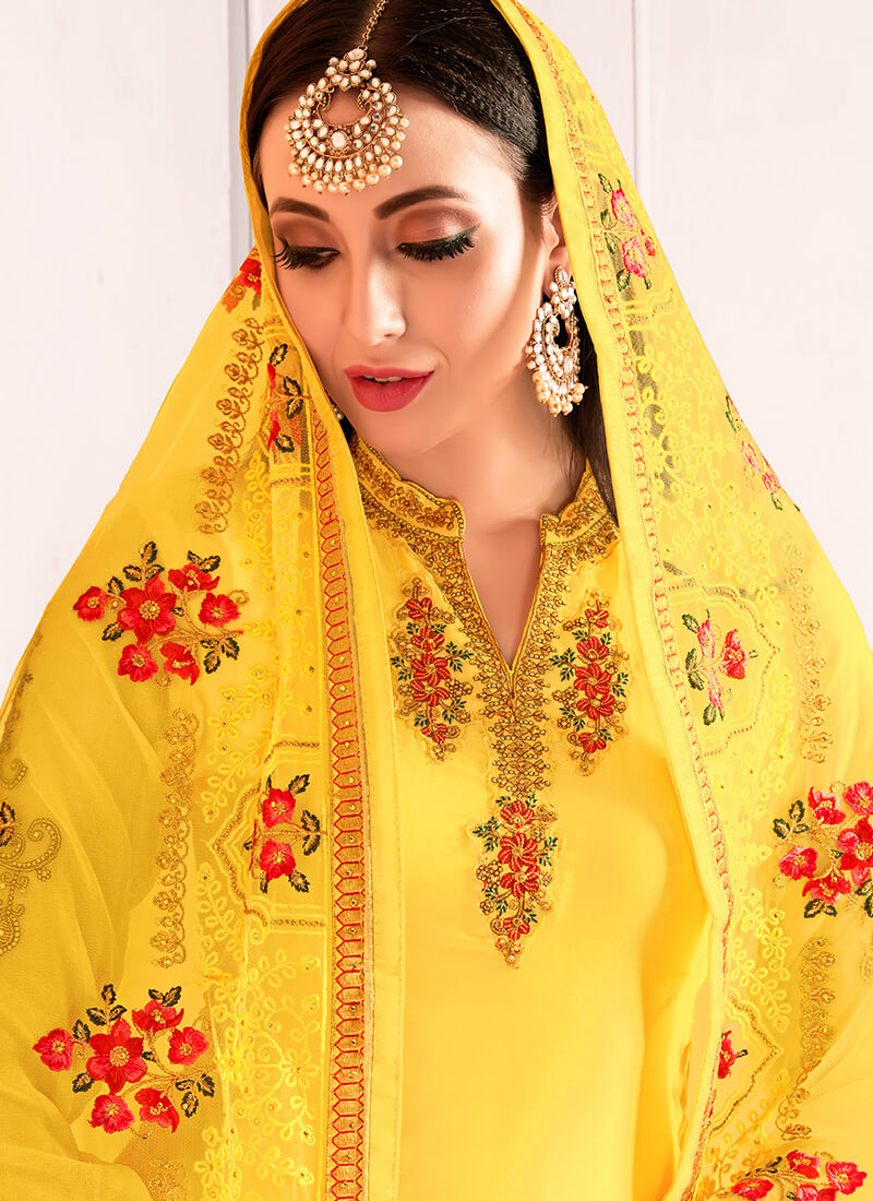 Yellow Satin Georgette Punjabi Suit