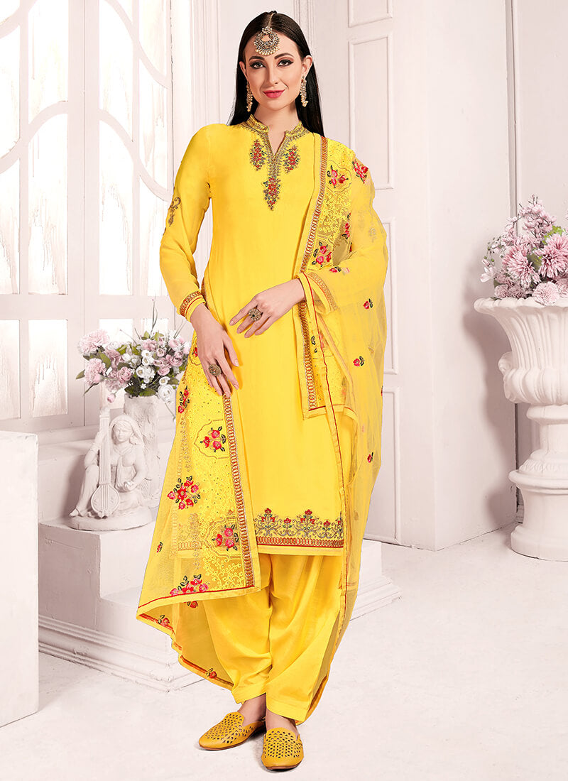Yellow Satin Georgette Punjabi Suit