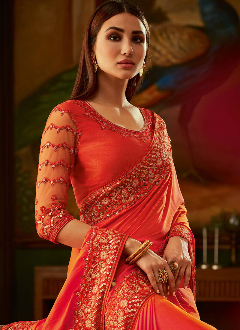 Coral Embroidered Silk Saree