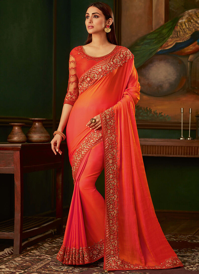 Coral Embroidered Silk Saree