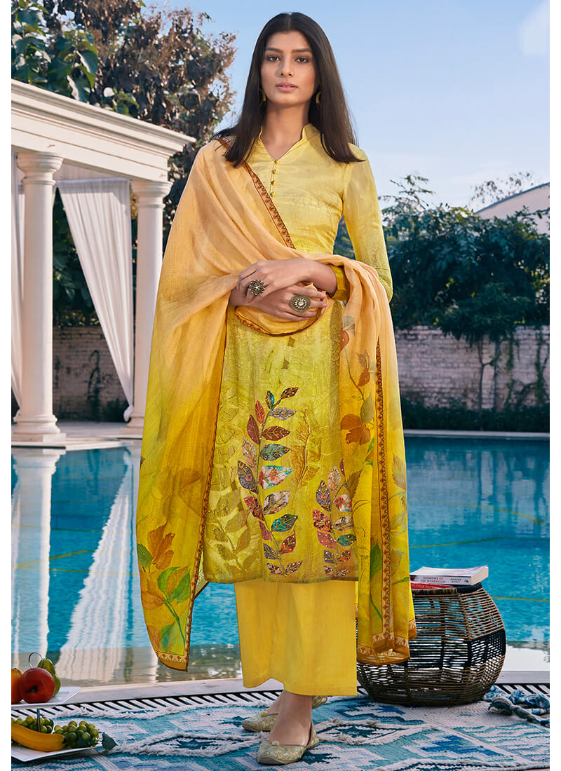 Yellow Embroidered Cotton Palazzo