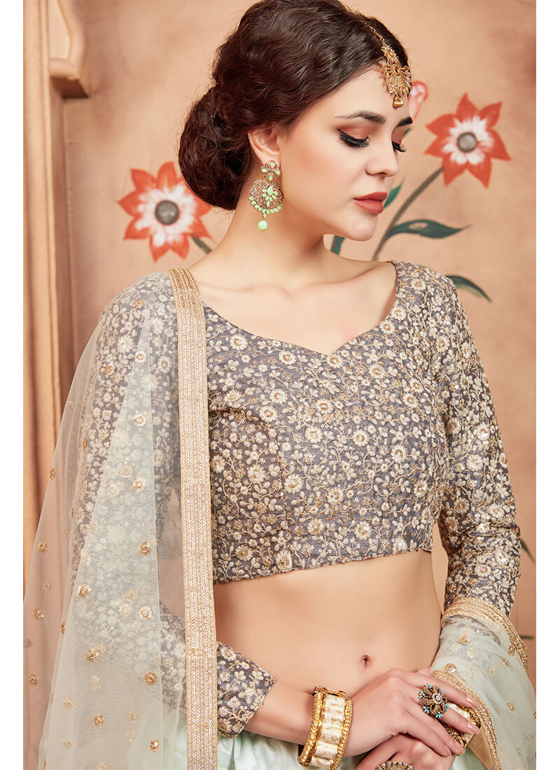 Light Mint and Grey Sequins Embroidered Lehenga