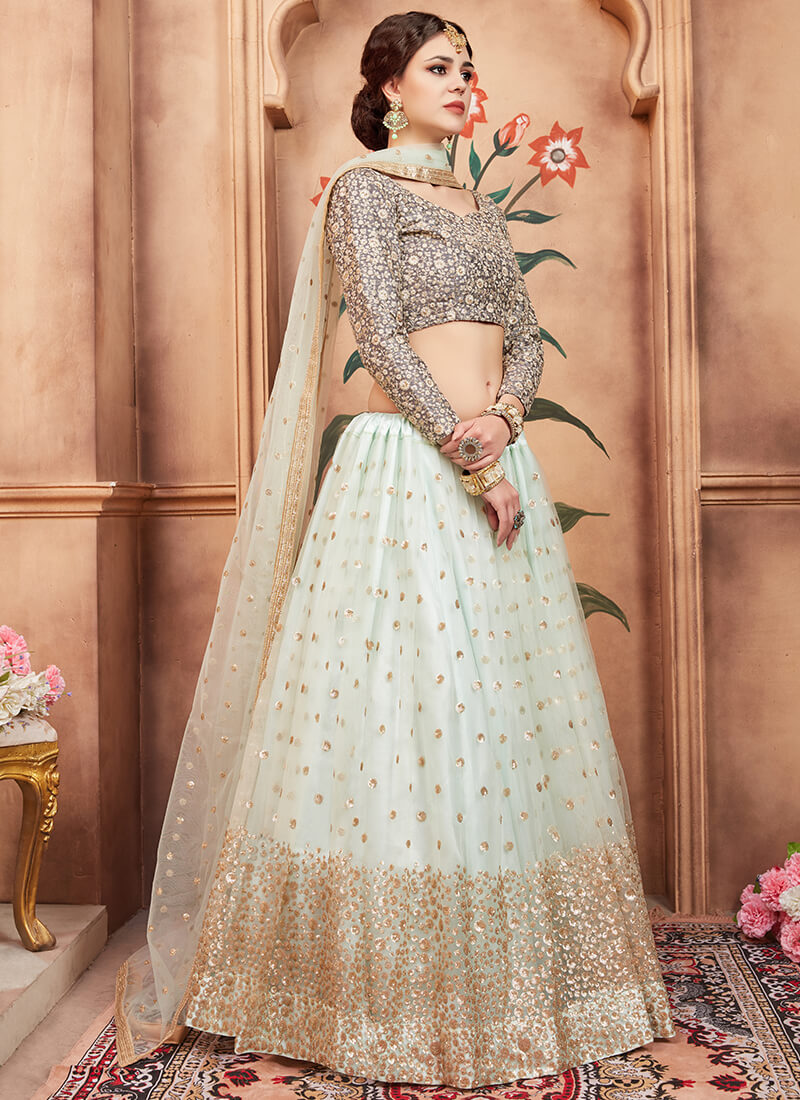 Light Mint and Grey Sequins Embroidered Lehenga