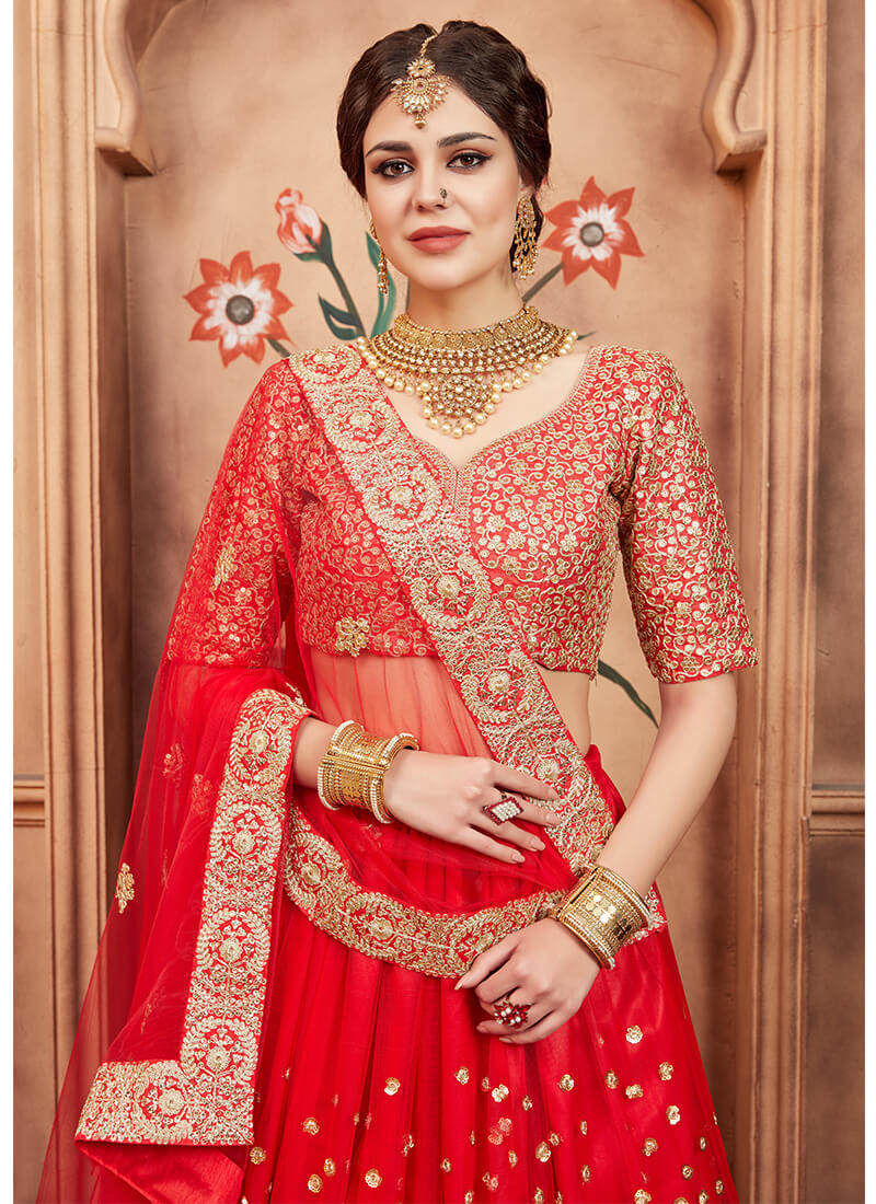 Red and Gold Sequins Embroidered Lehenga
