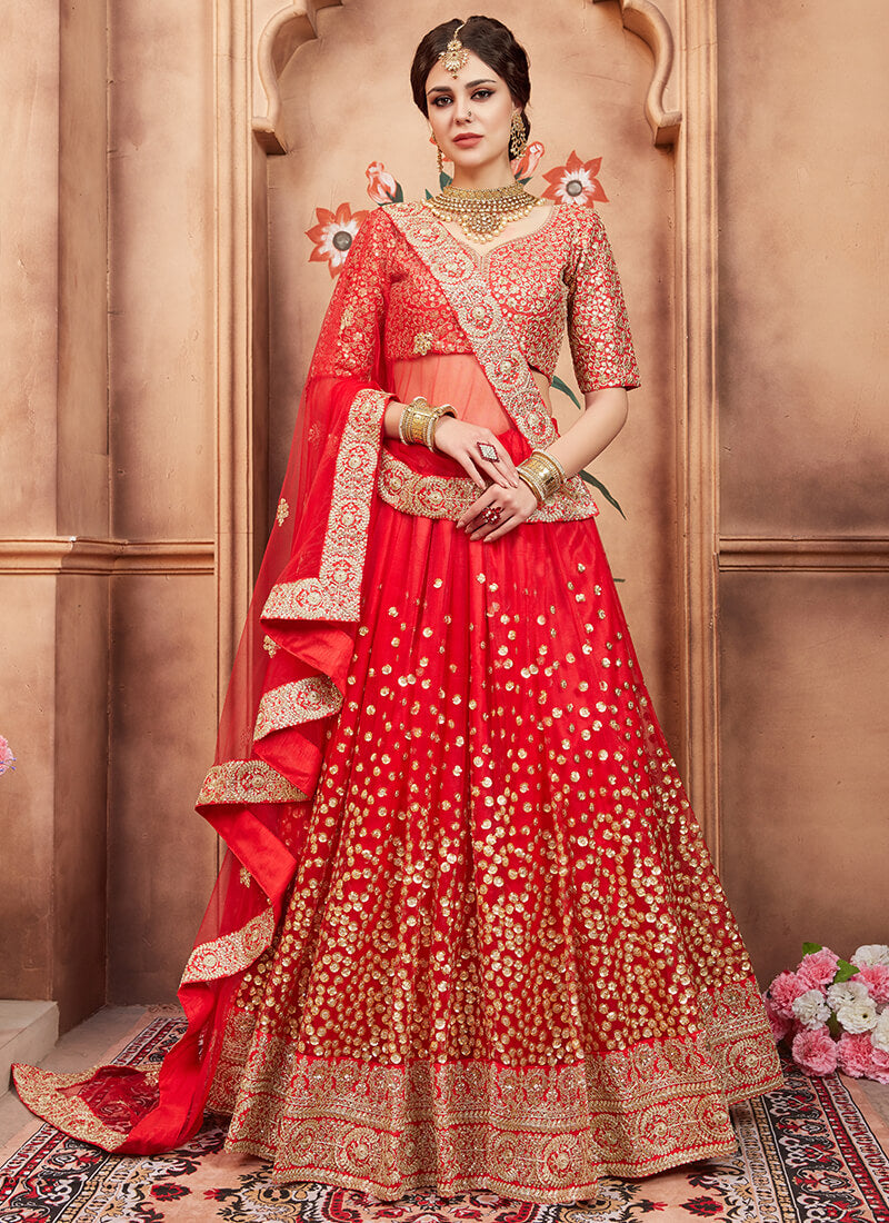 Red and Gold Sequins Embroidered Lehenga