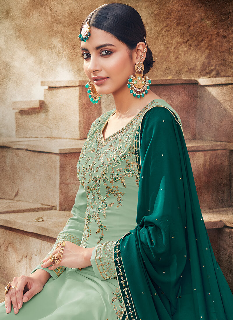 Light Green Embroidered Georgette Palazzo