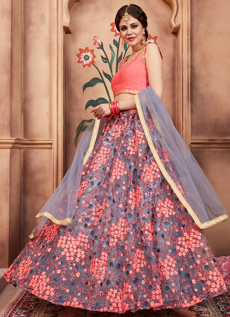 Peach and Dusty Blue Embroidered Lehenga
