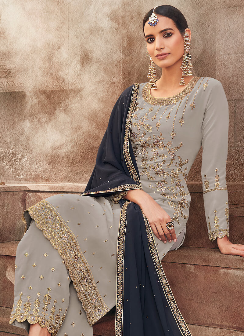 Grey Embroidered Georgette Palazzo