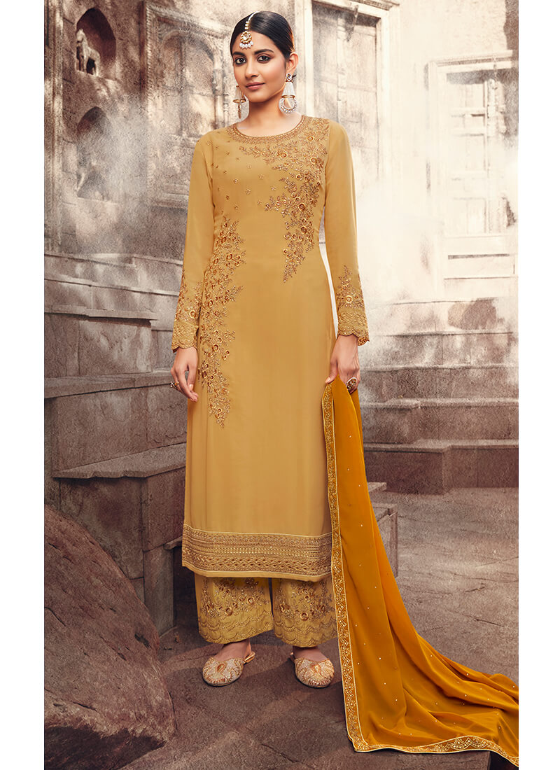 Mustard Embroidered Georgette Palazzo