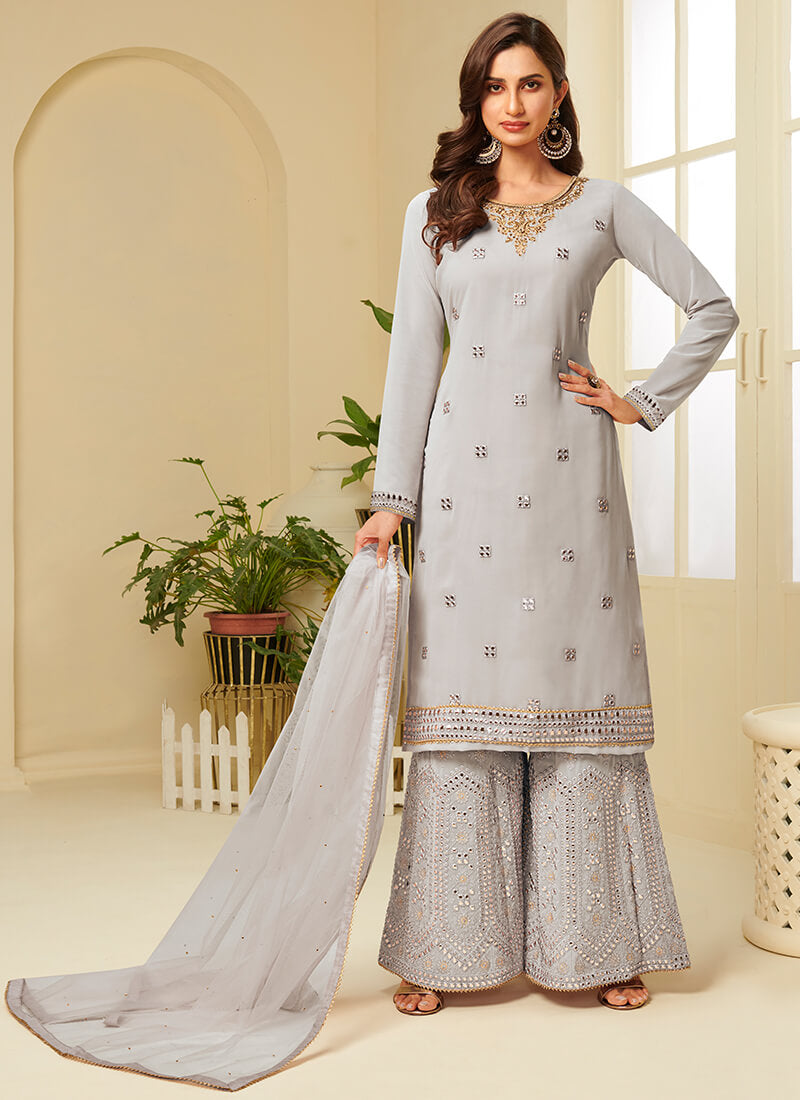 Grey Embroidered Georgette Palazzo