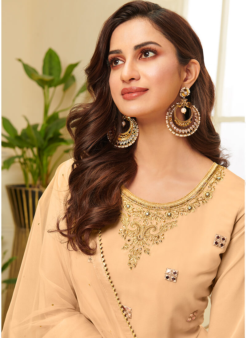 Golden Beige Embroidered Georgette Palazzo