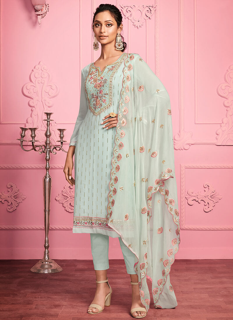 Light Blue Embroidered Georgette Straight Suit