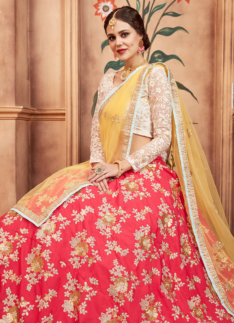 Multicolor Hot Pink Embroidered Lehenga
