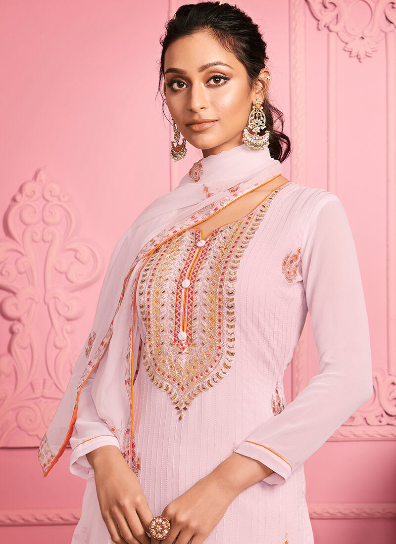 Lilac Embroidered Georgette Straight Suit