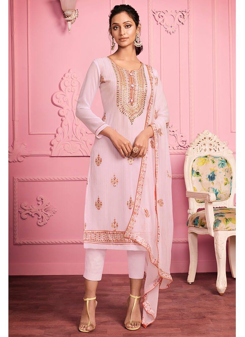 Lilac Embroidered Georgette Straight Suit