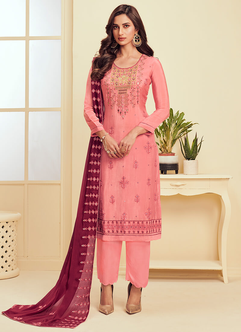 Rose Pink Embroidered Georgette Pant Suit