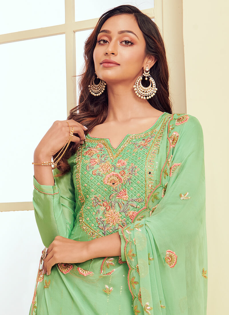 Mint Green Embroidered Georgette Pant Suit