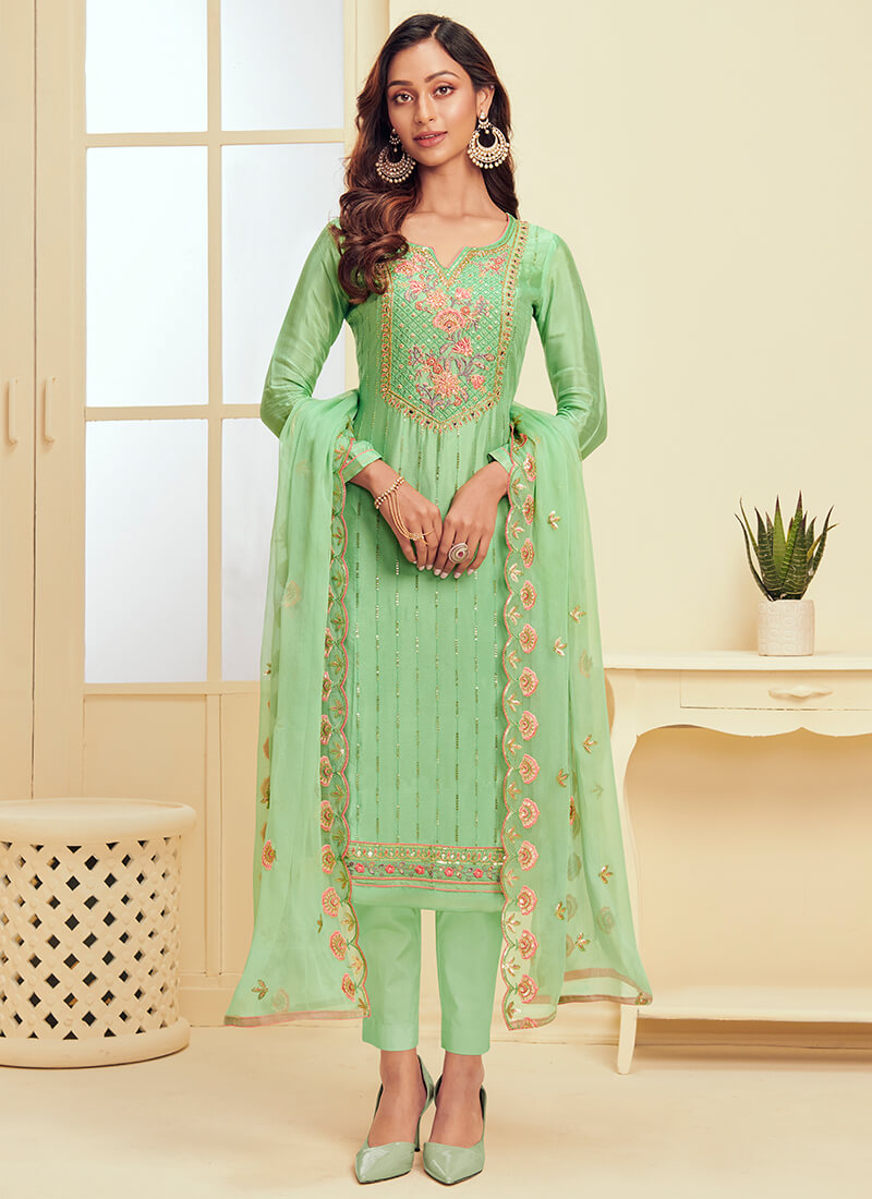 Mint Green Embroidered Georgette Pant Suit