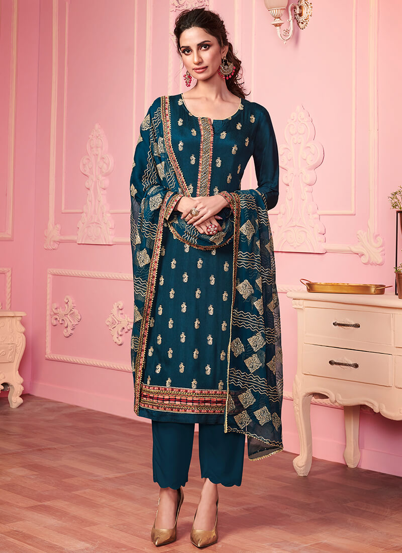 Blue Embroidered Georgette Pant Suit