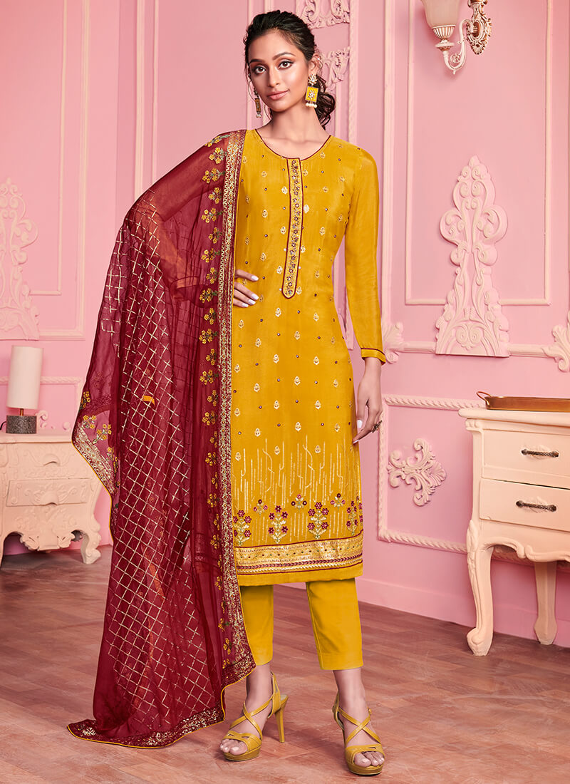 Mustard Embroidered Georgette Pant Suit