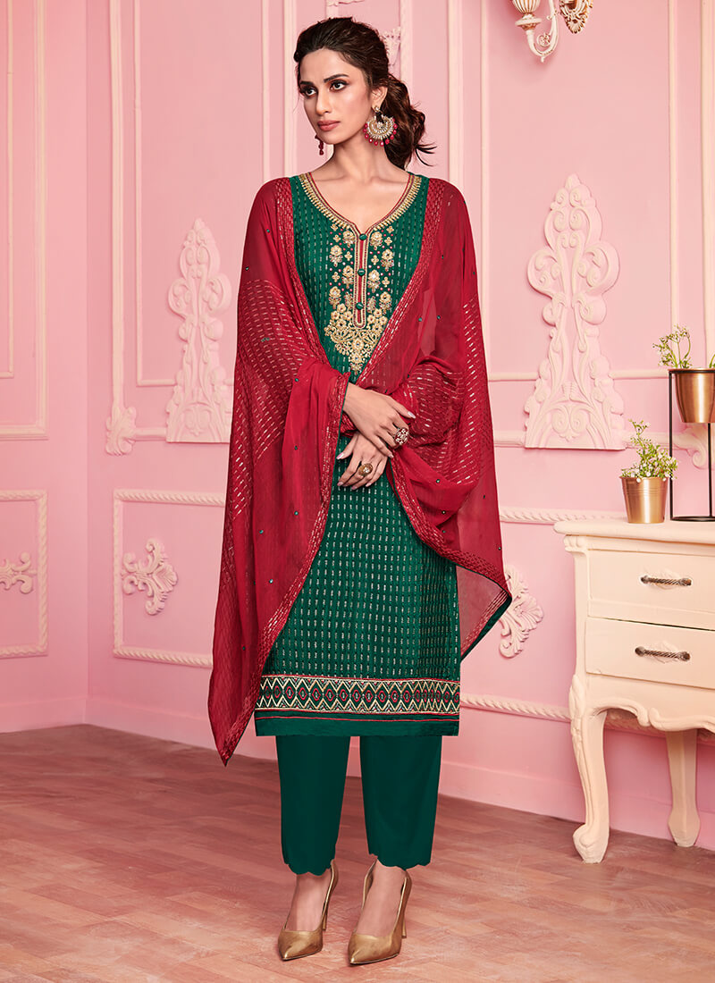 Green Embroidered Georgette Pant Suit