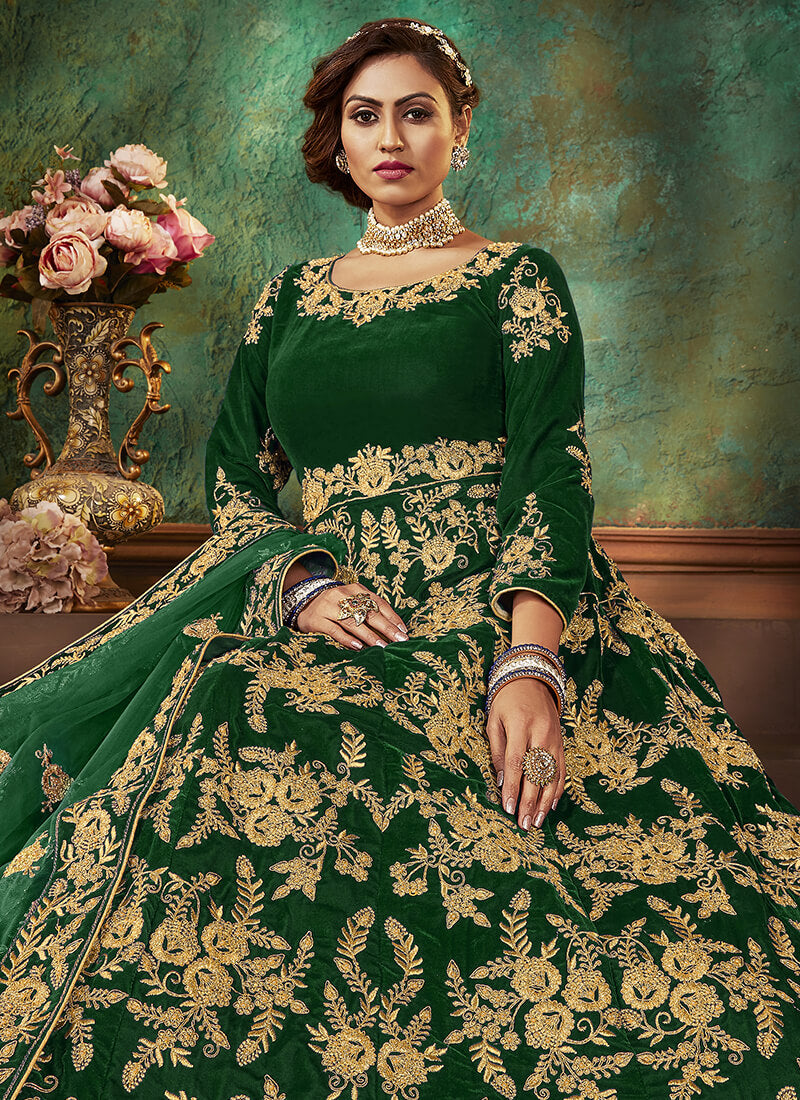 Green Embroidered Velvet Anarkali