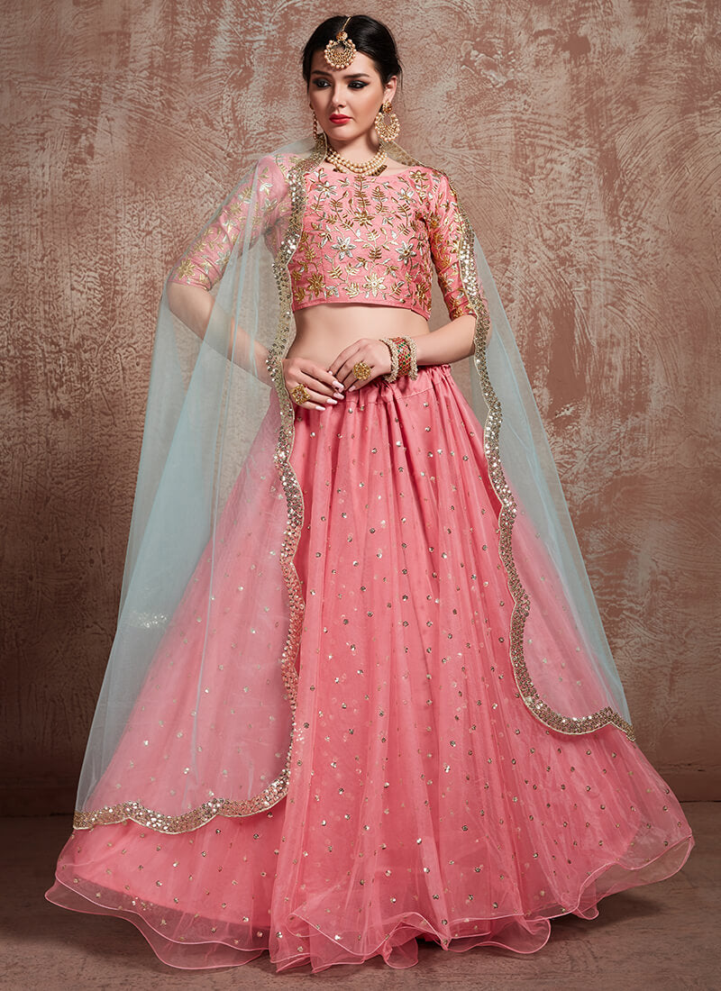 Pink and Mint Embroidered Net Lehenga