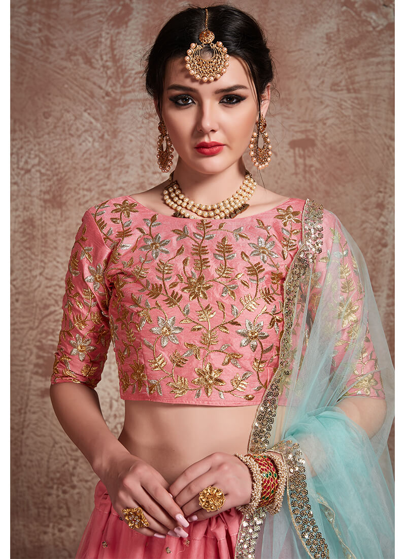 Pink and Mint Embroidered Net Lehenga