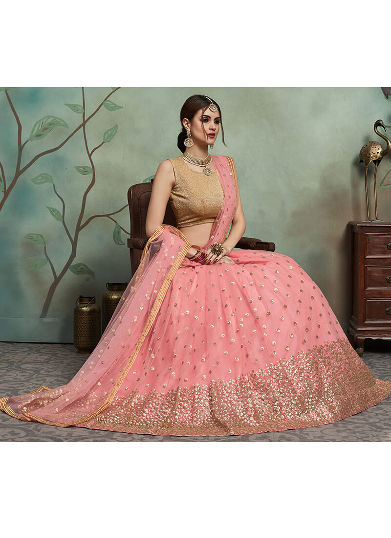 Pink and Gold Embroidered Net Lehenga