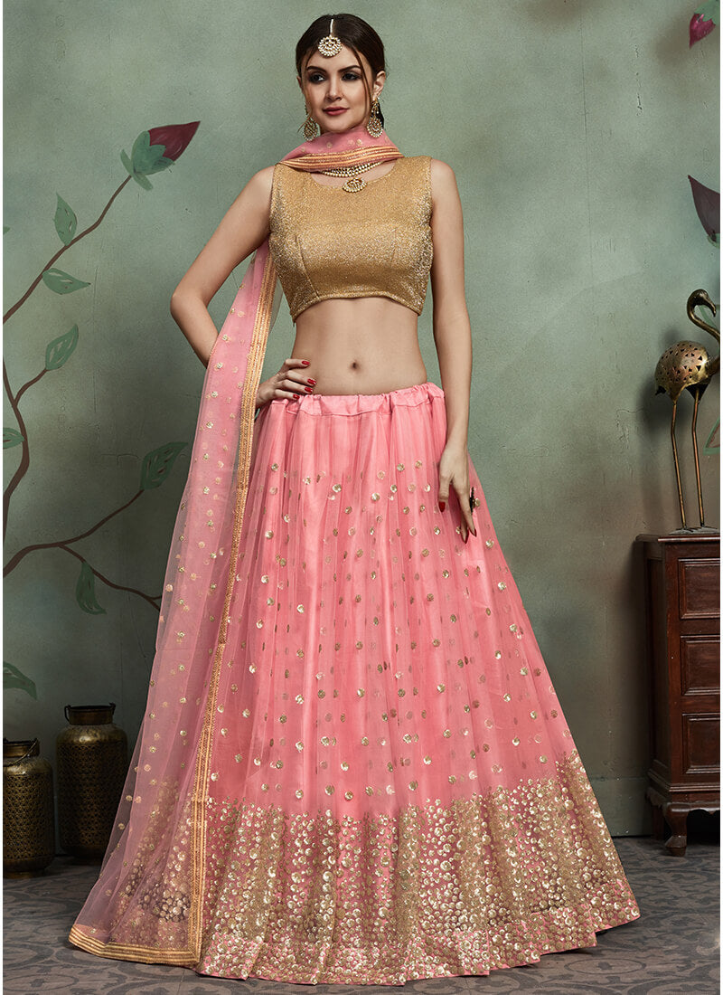 Pink and Gold Embroidered Net Lehenga