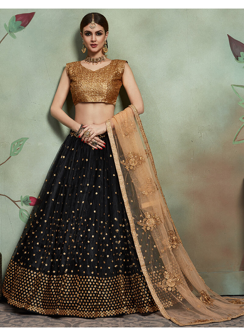 Black and Gold Embroidered Net Lehenga
