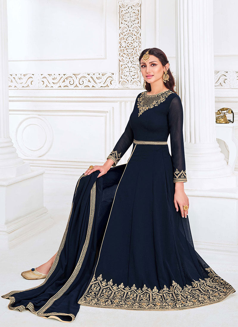 Navy Blue Embroidered Pant Style Anarkali