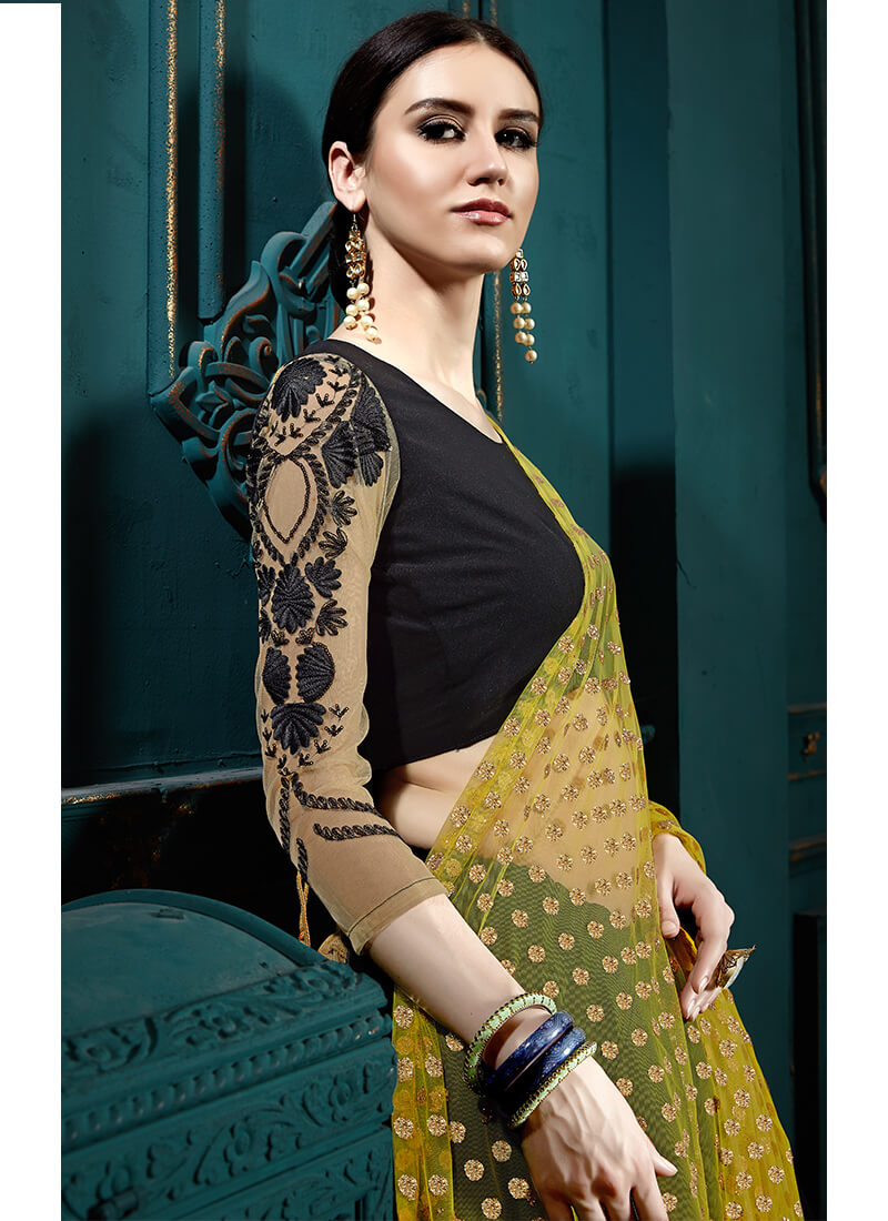 Black and Yellow Embroidered Georgette Lehenga