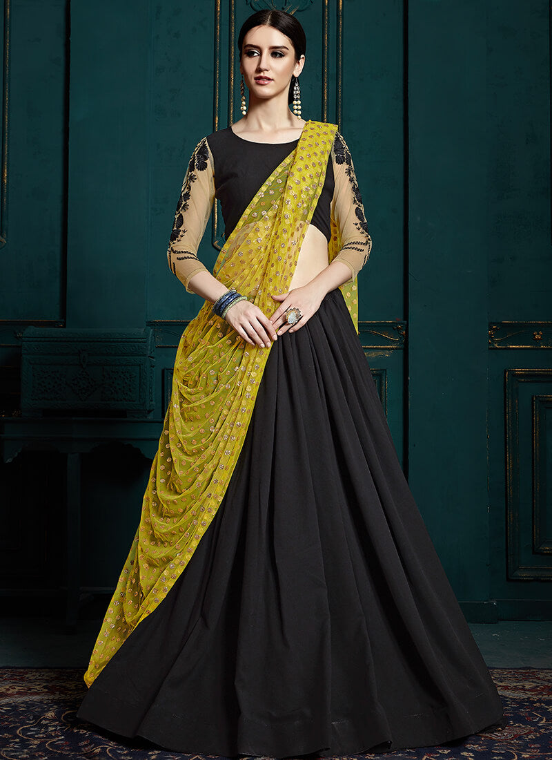 Black and Yellow Embroidered Georgette Lehenga