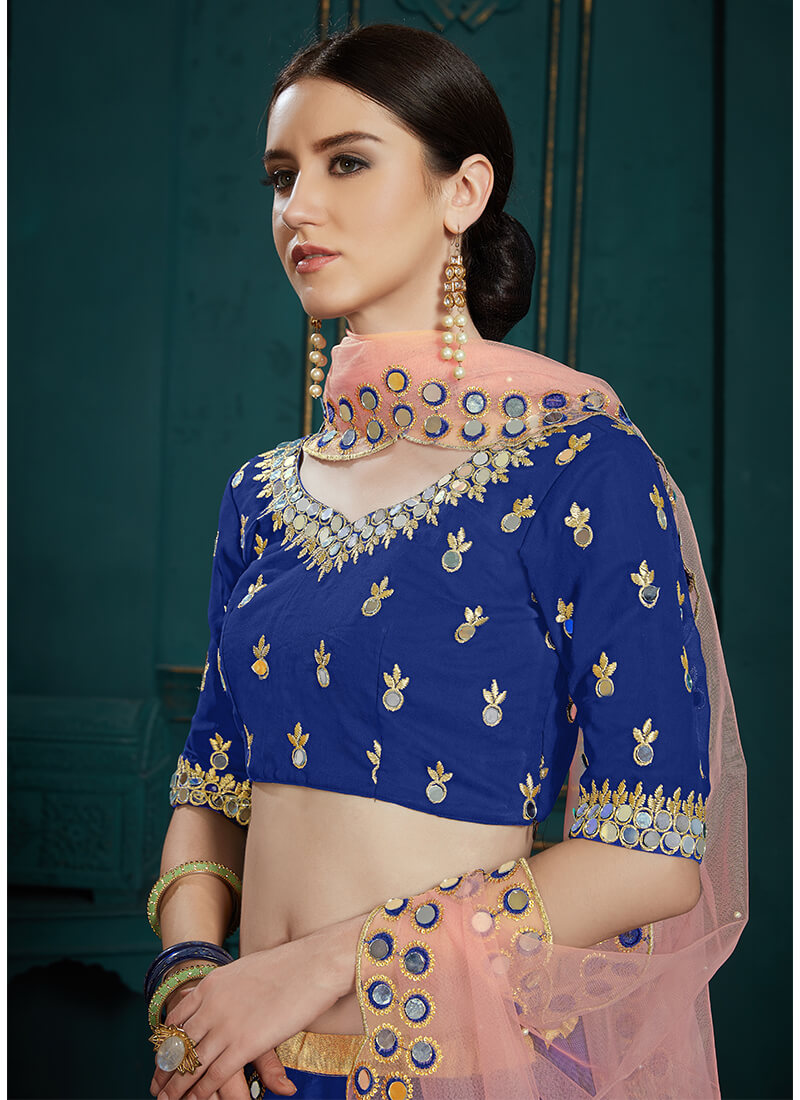 Blue and Light Pink Mirror Embroidered Lehenga