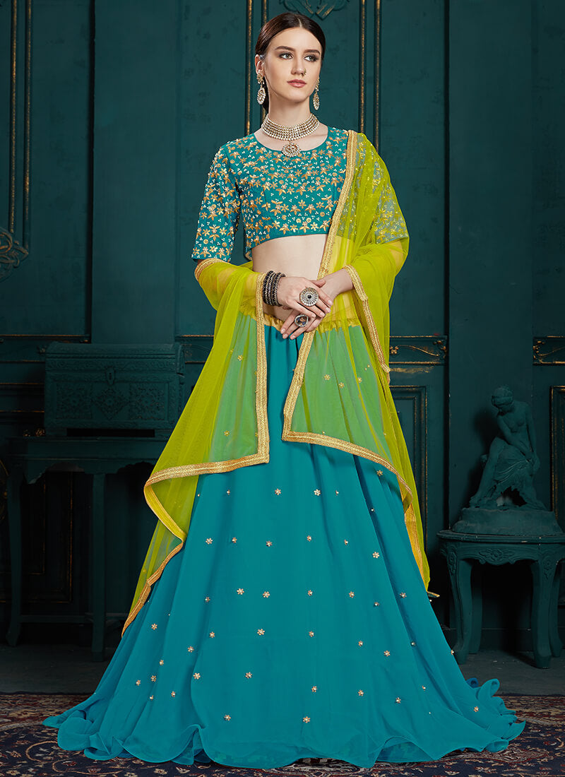 Blue and Light Green Embroidered Lehenga